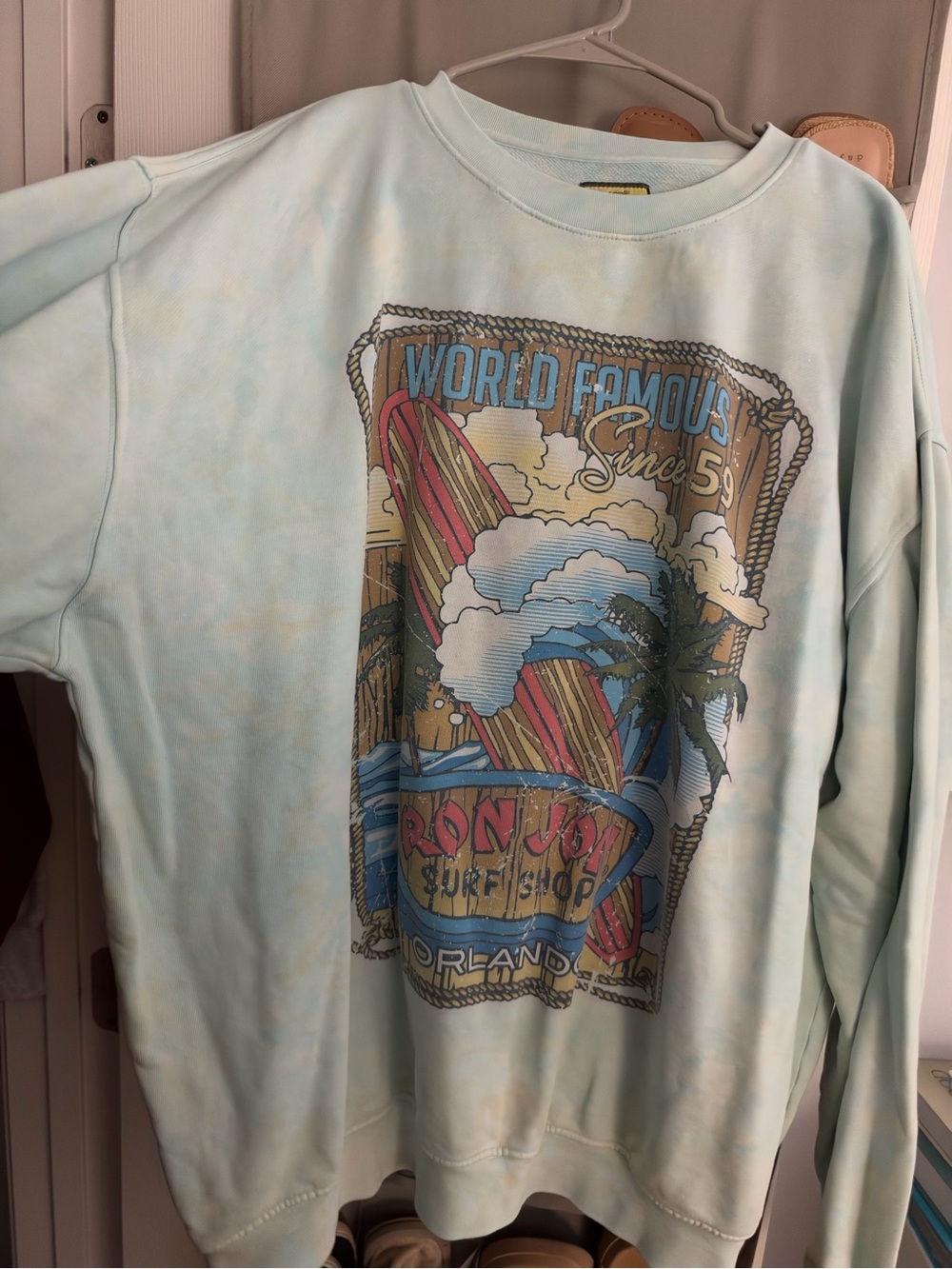 Ron Jon Light Blue and Cream Surf Graphic Crewneck